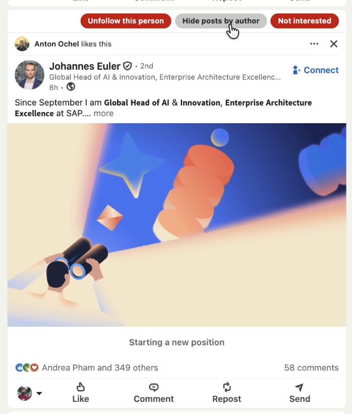 LinkedIn activity post with Unfollow this person button
