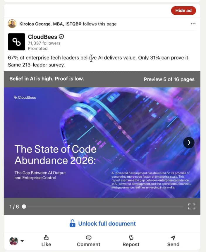 LinkedIn ad with Hide ad button visible