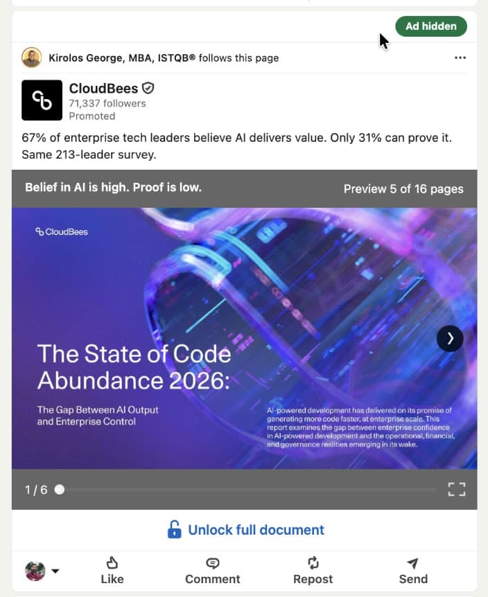 Ad hidden confirmation on LinkedIn