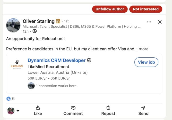 LinkedIn post with Unfollow author and Not interested buttons