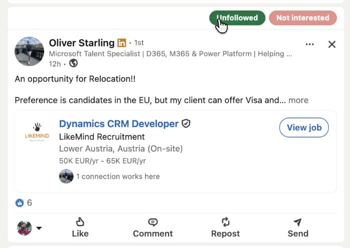 LinkedIn post after unfollowing author